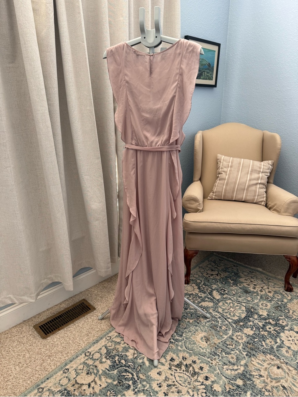 BCBGMaxAzria Kolline Dusty Mauve Rose Ruffle Maxi Dress Gown Sash S - Picture 2 of 12